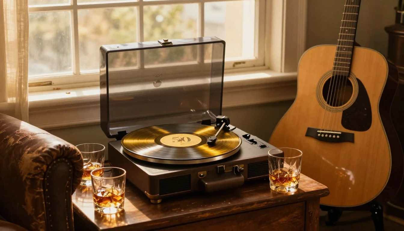 A warm and nostalgic scene celebrating a 50th birthday. In t...