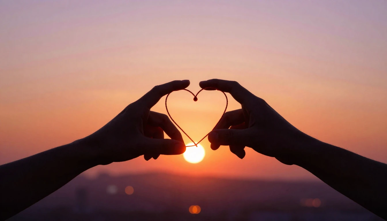 A romantic and emotive composition featuring two silhouetted...