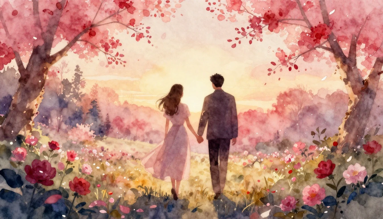 A dreamy and ethereal watercolor painting of two silhouettes...