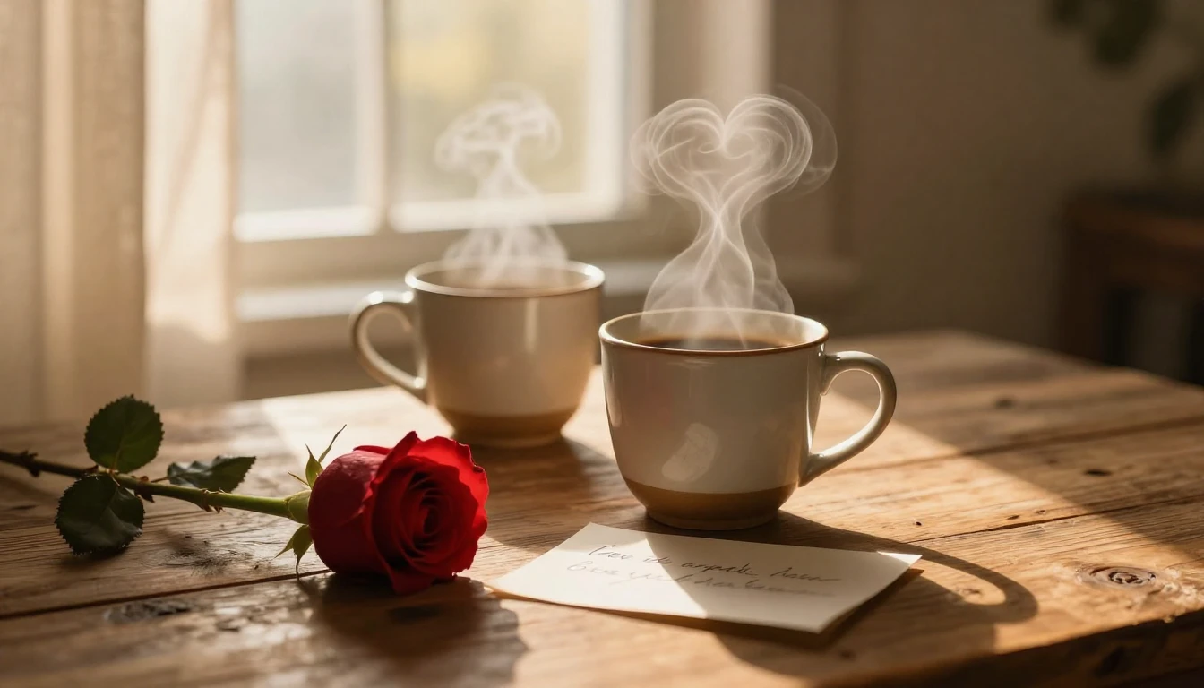 A warm, intimate close-up scene on a rustic wooden table nea...