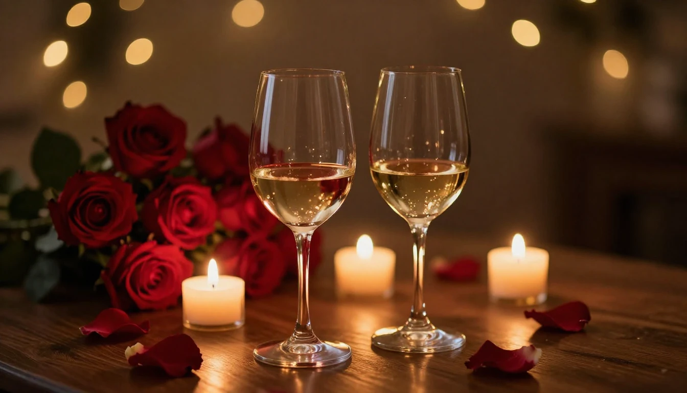 A beautiful and serene scene of two elegant wine glasses sit...