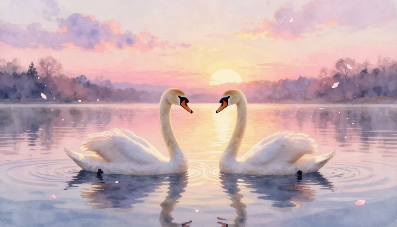 A dreamlike watercolor painting of two elegant swans gliding...