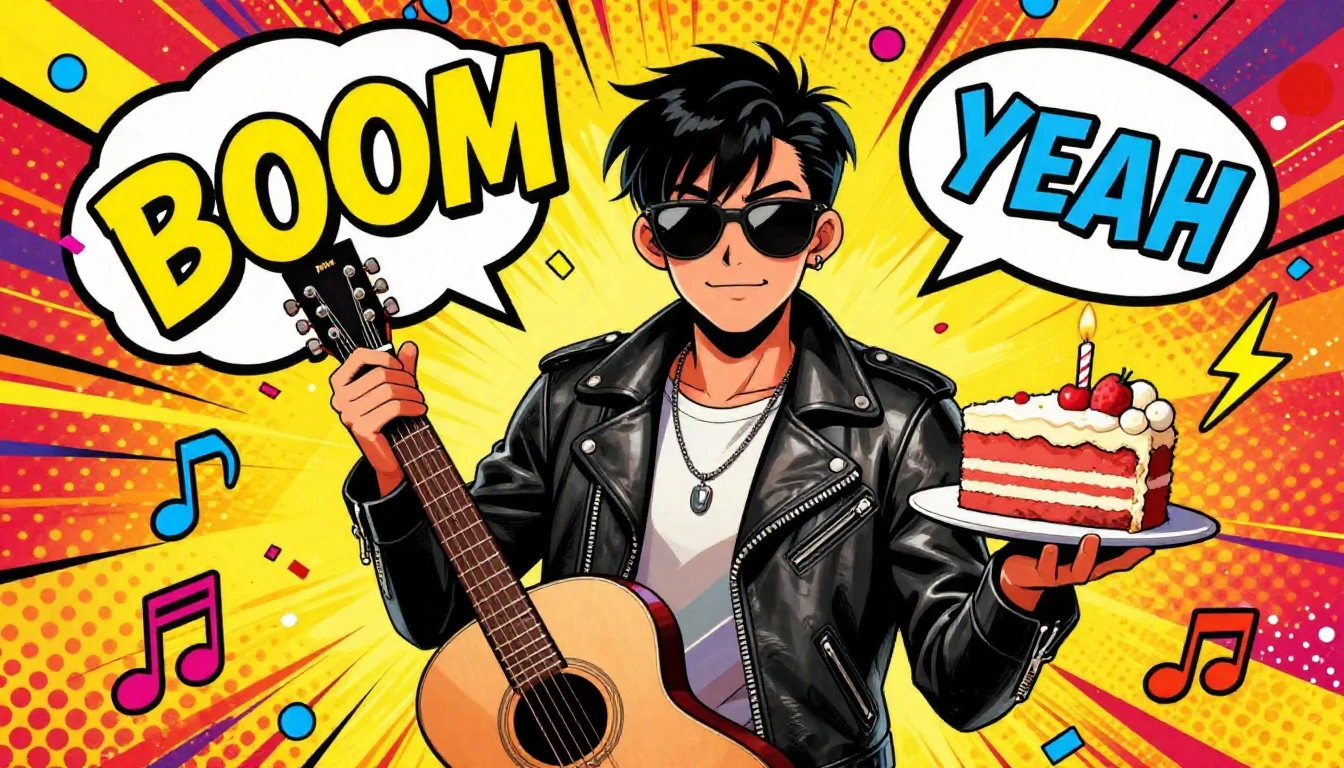 A vibrant, energetic birthday album cover in comic book styl...