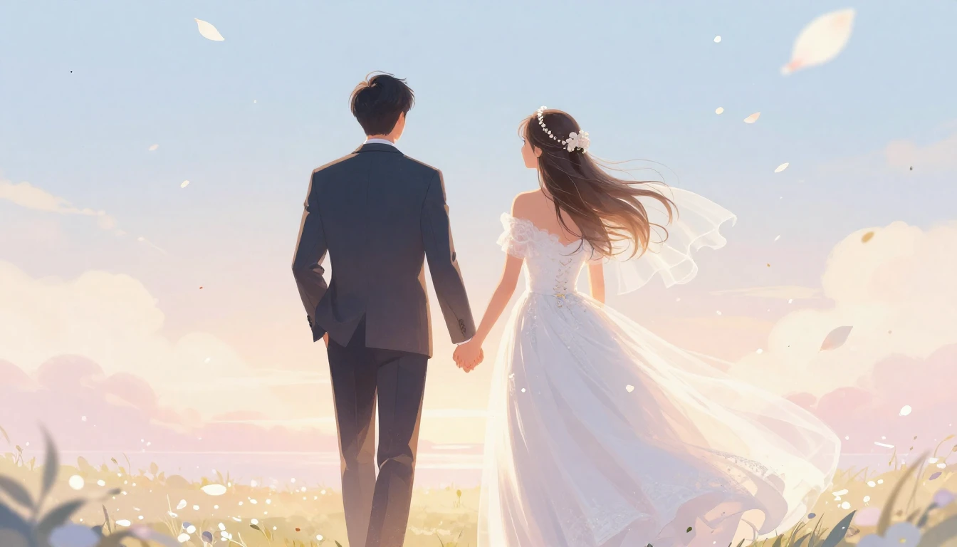 A romantic and dreamy illustration of a bride and groom hold...