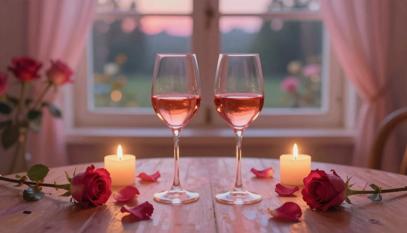 A dreamy and romantic scene featuring two elegant wine glass...