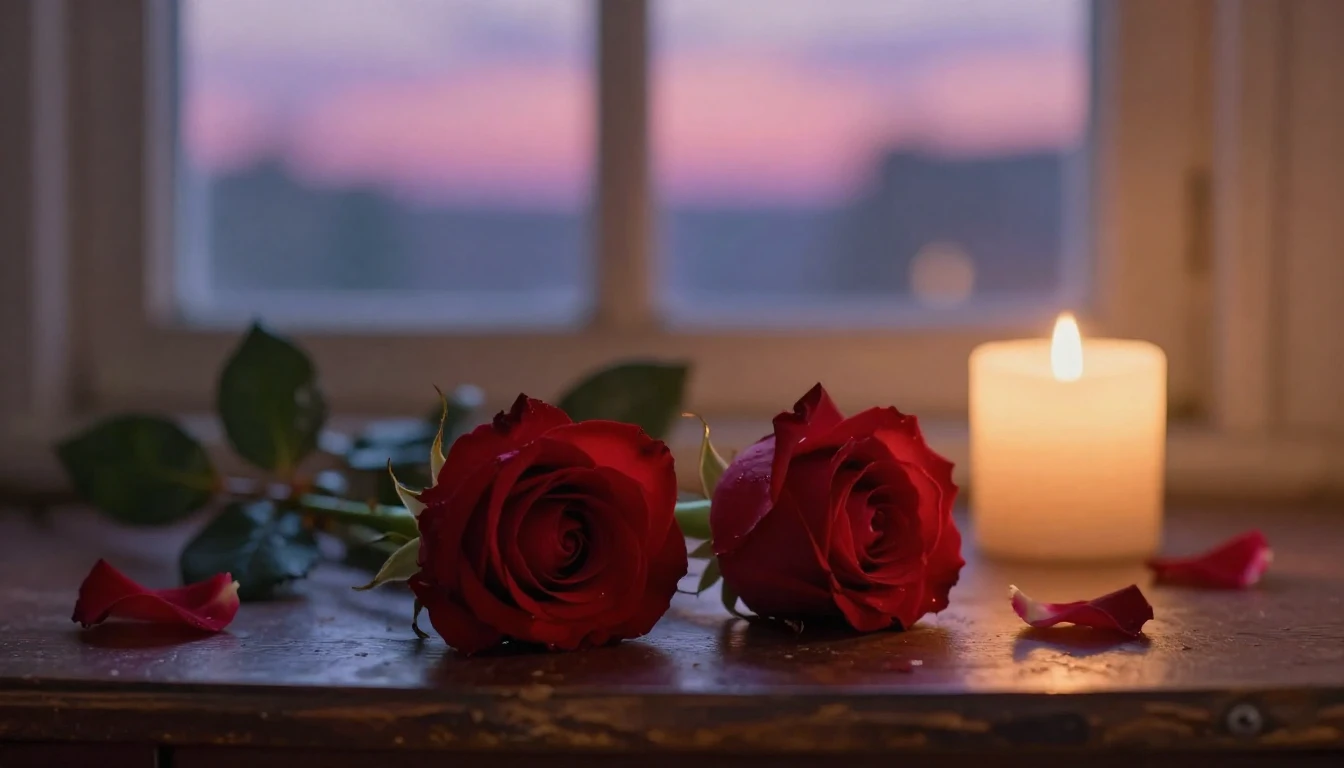 A dreamy and romantic scene featuring two elegant red roses ...