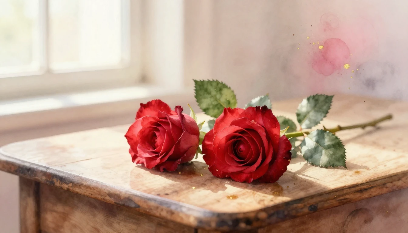 A beautiful watercolor painting of two delicate red roses re...