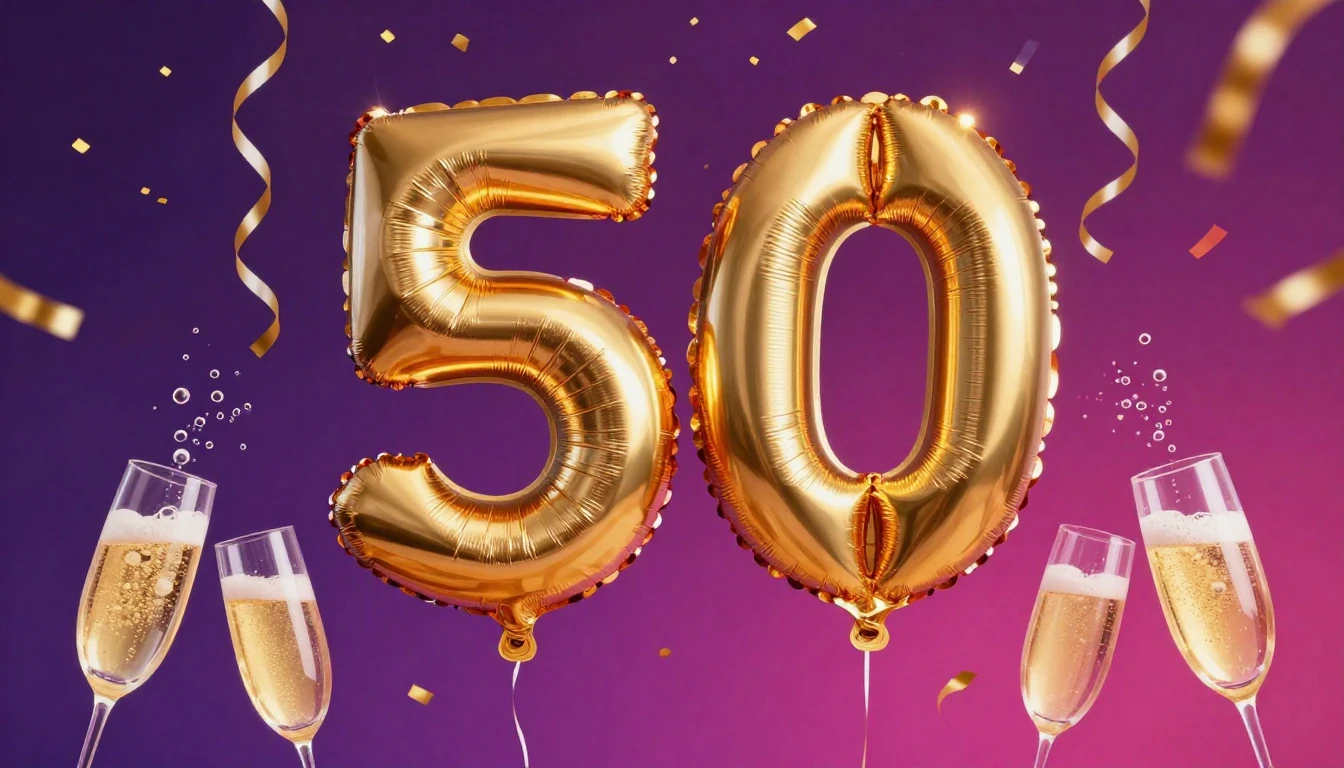 A vibrant and elegant digital artwork celebrating a 50th bir...
