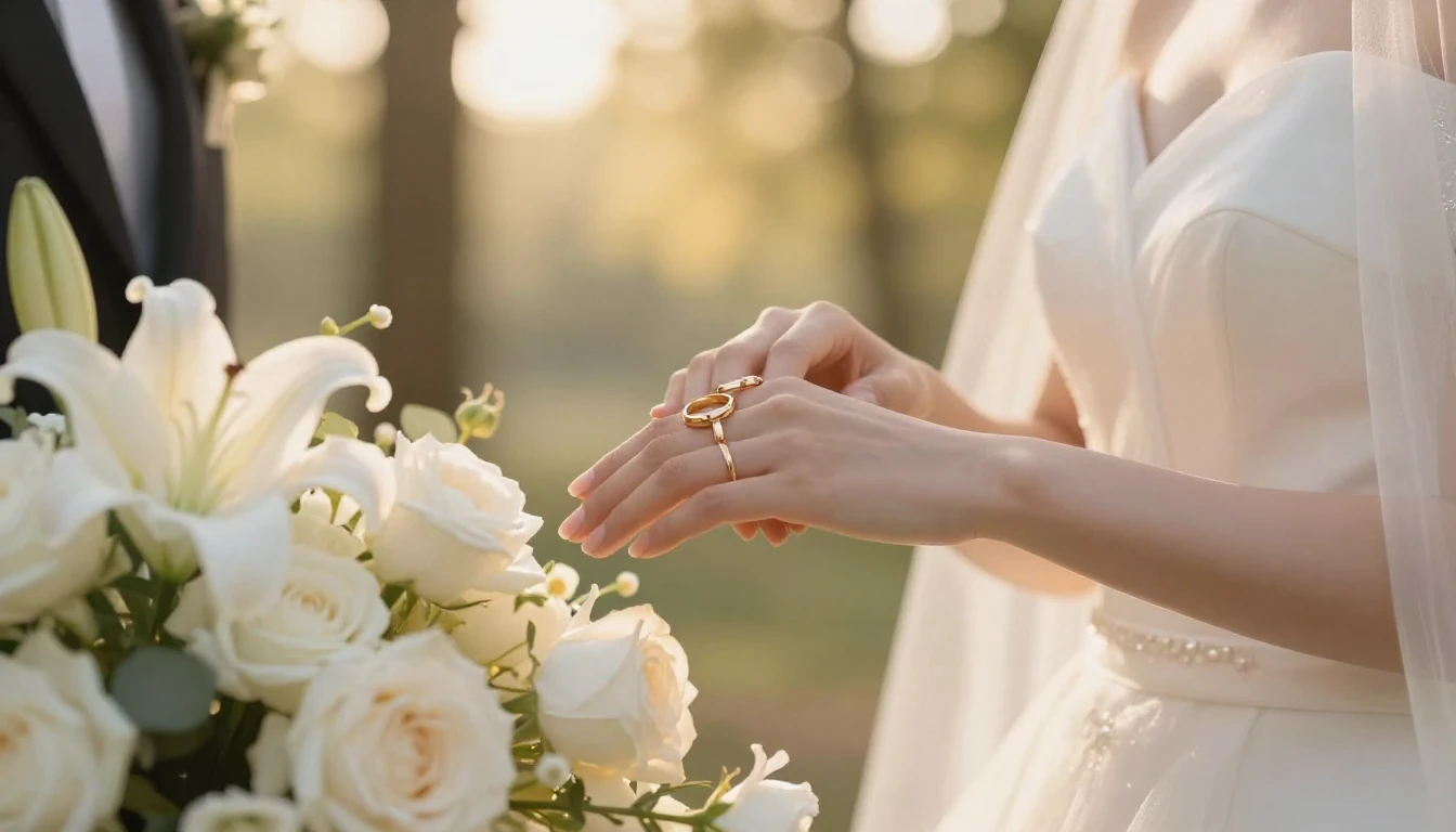 Close-up of a bride and groom holding hands, showcasing gold...