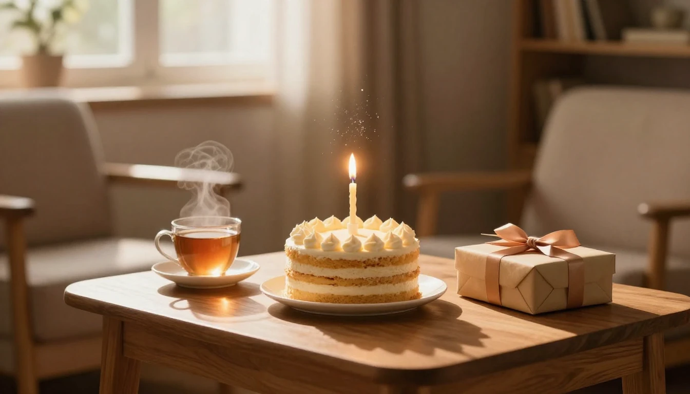 A cozy indoor scene featuring a small wooden table with a gl...