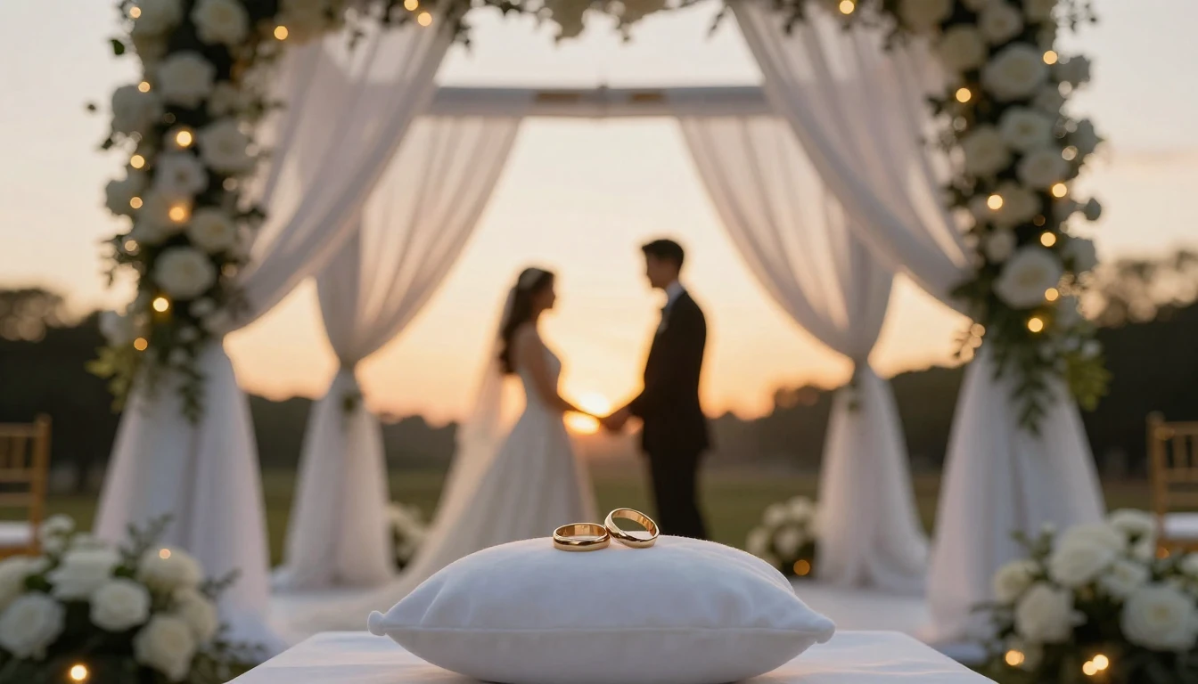 A romantic cinematic shot of a wedding canopy (Chuppah) outd...
