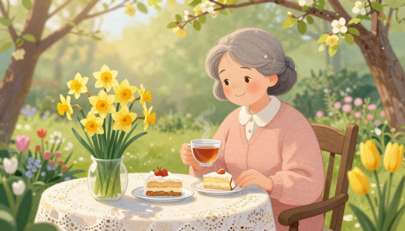 A heartwarming illustration of a sweet grandmother sitting i...