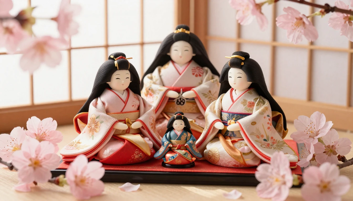 A beautiful arrangement of traditional Japanese Hina dolls s...