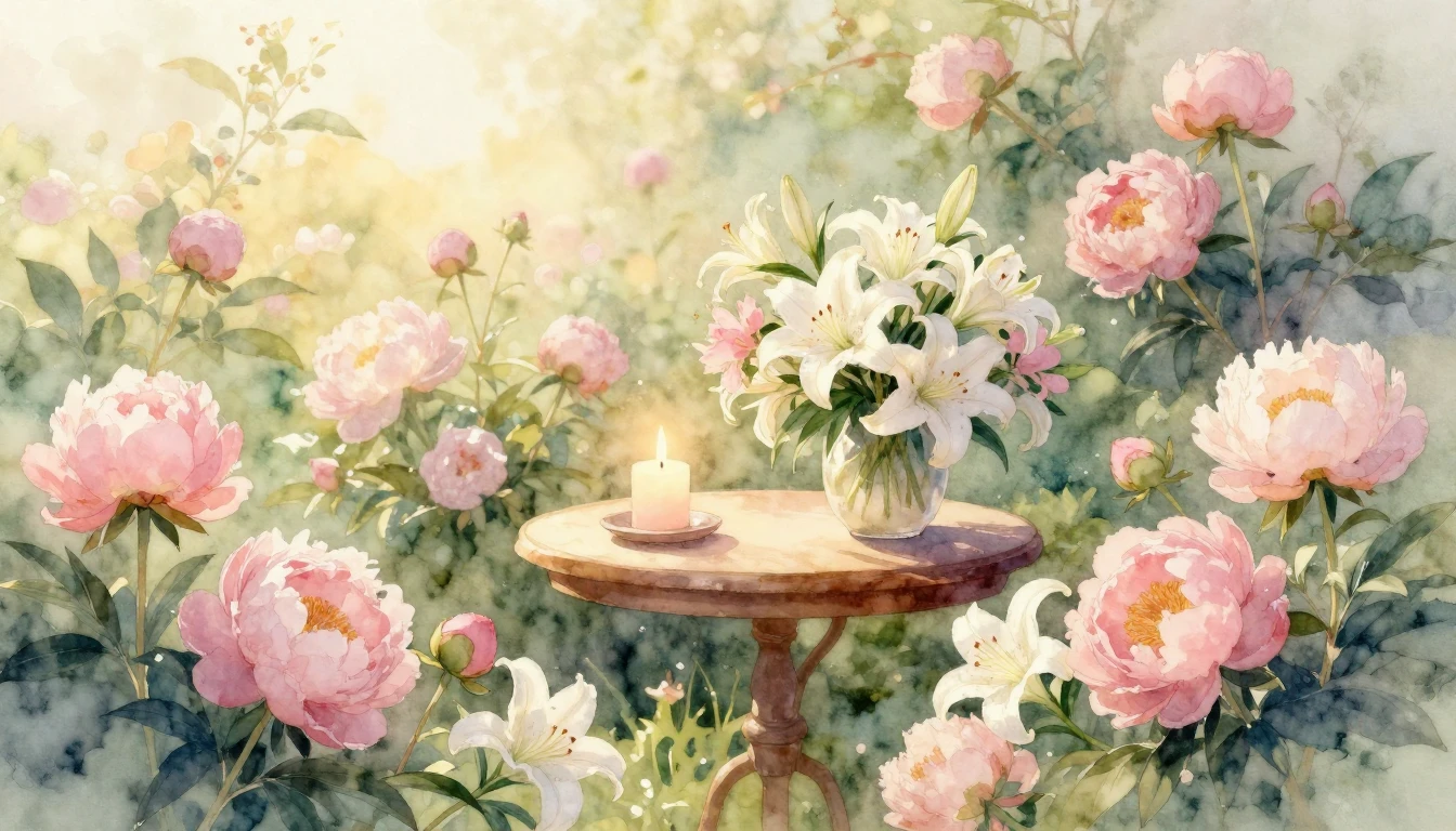 A beautiful, soft watercolor painting of a blooming garden f...