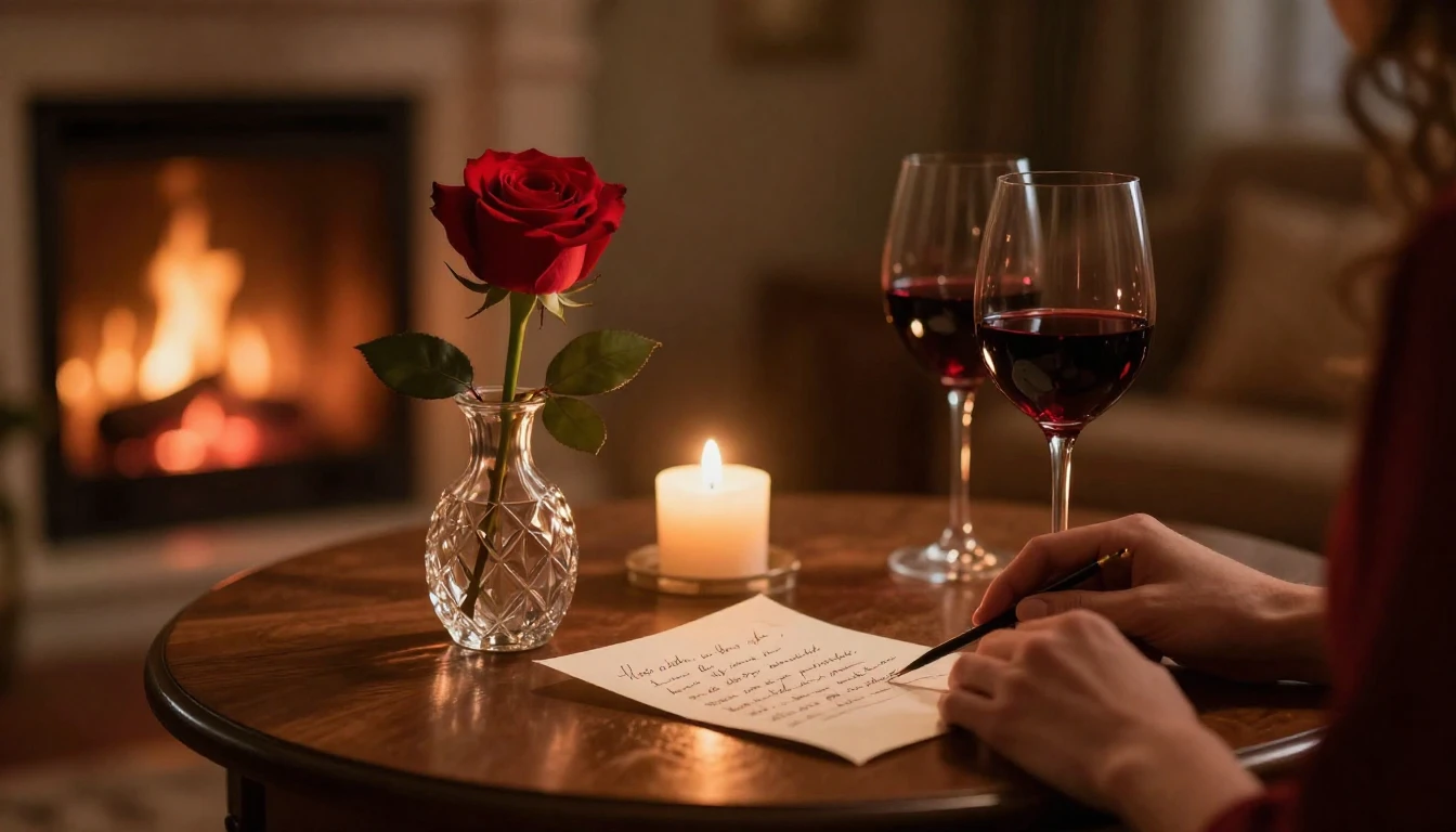 Cinematic shot of a romantic evening setting, close-up on a ...