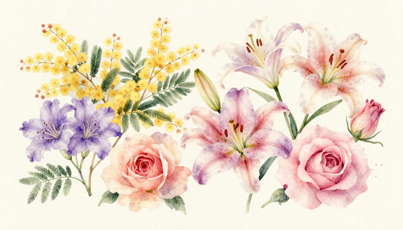 A beautiful watercolor painting featuring a variety of bloom...