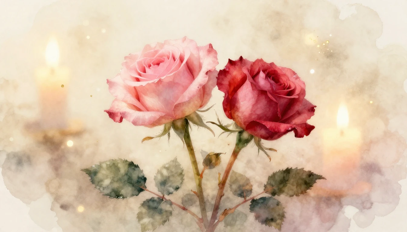 A delicate watercolor painting of two intertwined rose stems...