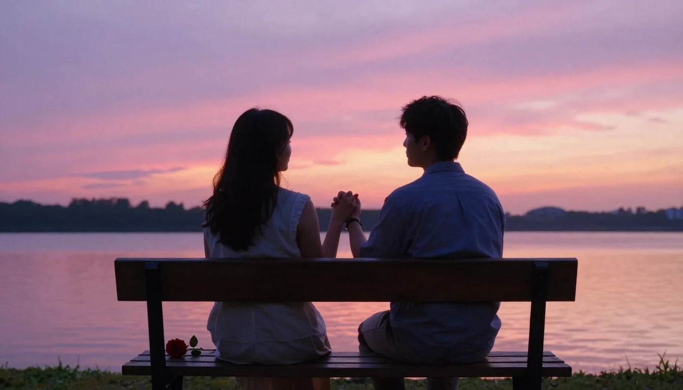 A romantic and dreamy scene featuring a couple sitting close...