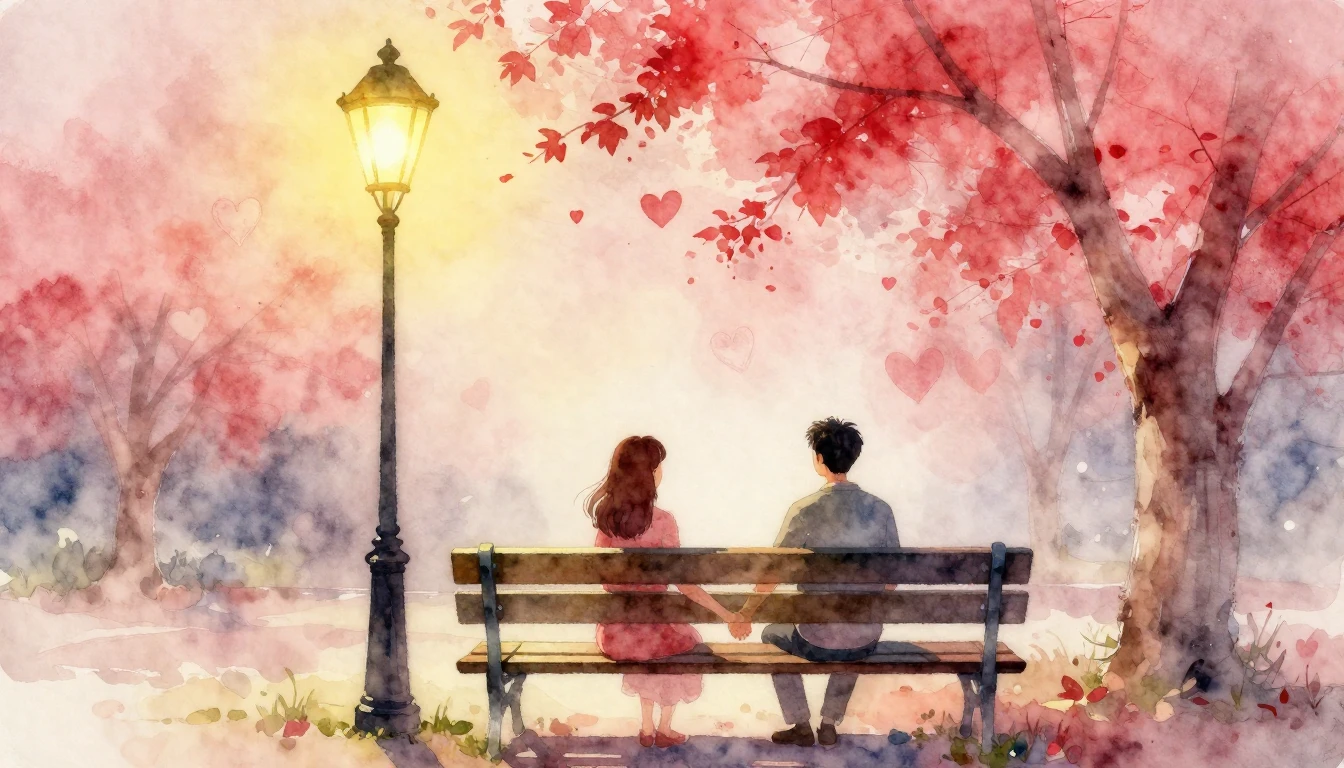 A soft and dreamy watercolor painting of a couple holding ha...