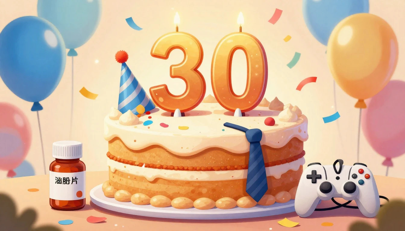 A humorous and colorful birthday illustration featuring a bi...