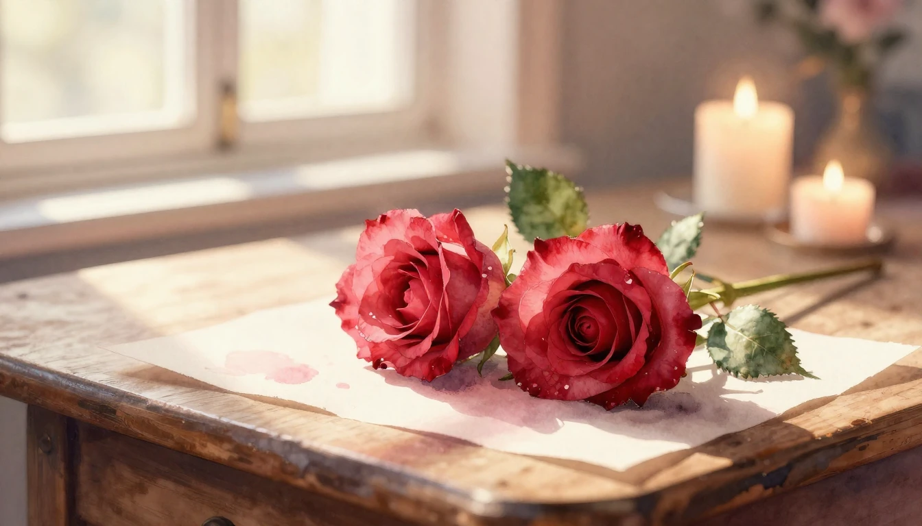 A delicate watercolor painting of two intertwined red roses ...