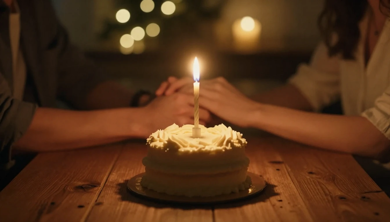 A close-up, cinematic shot of a small, elegant birthday cake...