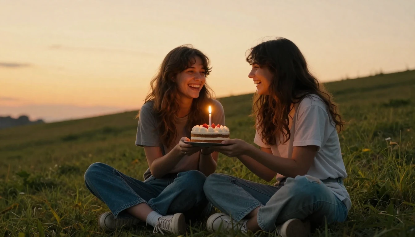 Two best friends sitting together on a grassy hill at sunset...