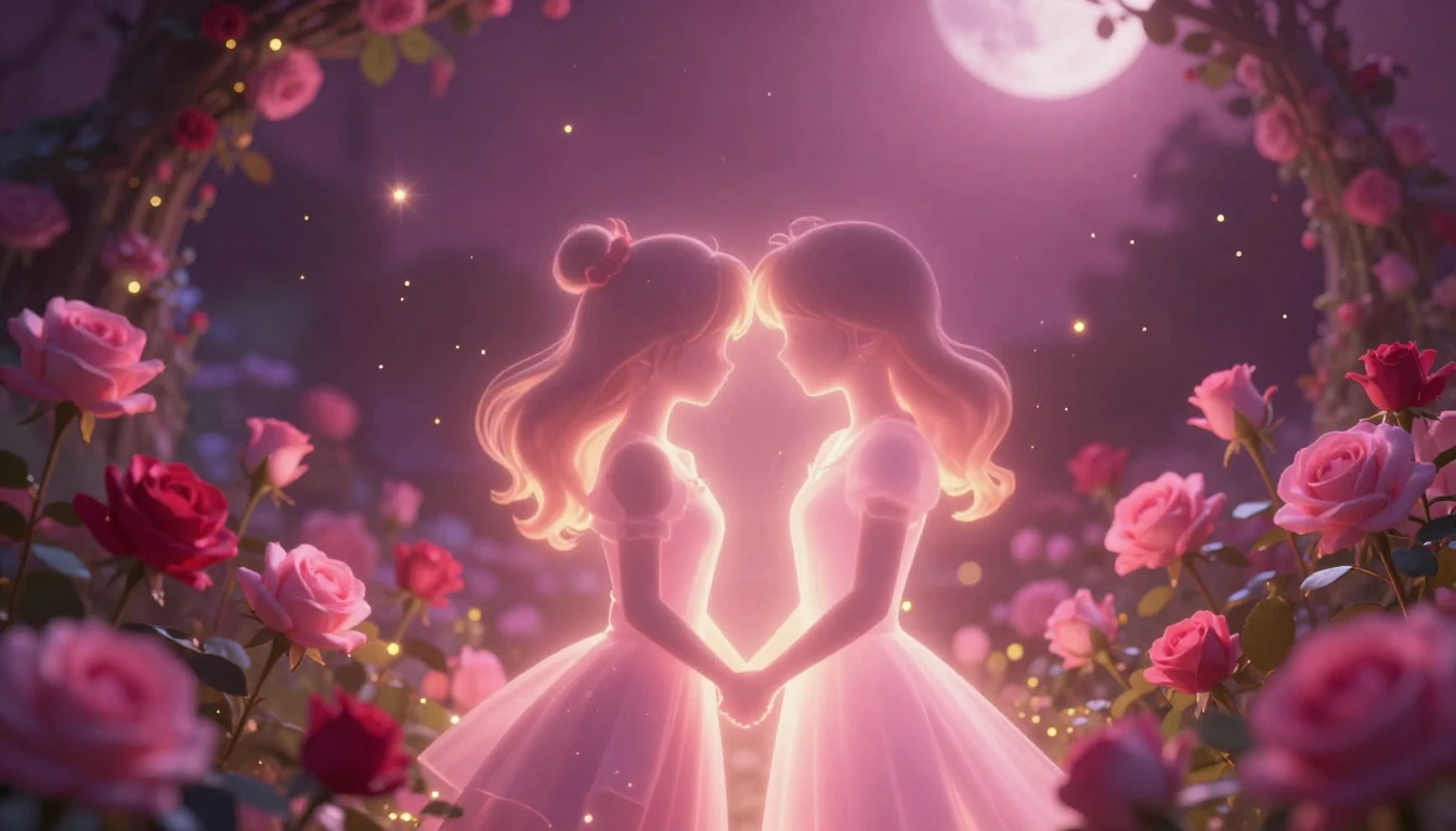 A breathtakingly romantic scene featuring two glowing silhou...