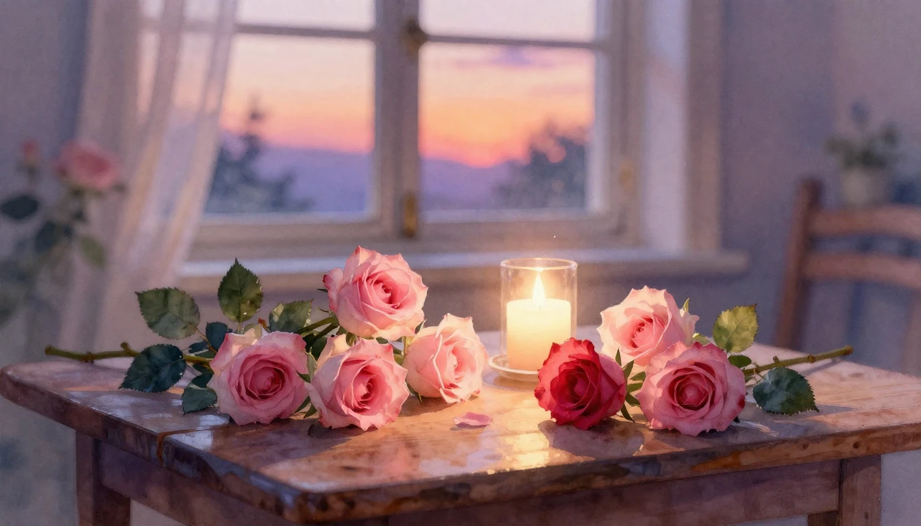 A beautiful watercolor painting of a soft, romantic scene. D...