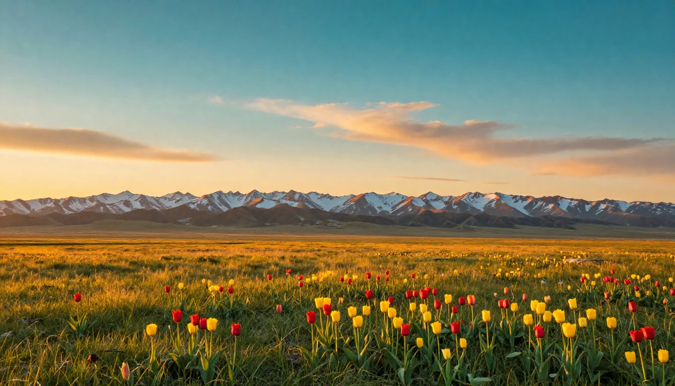 A breathtaking wide-angle view of the Kazakh steppe during t...