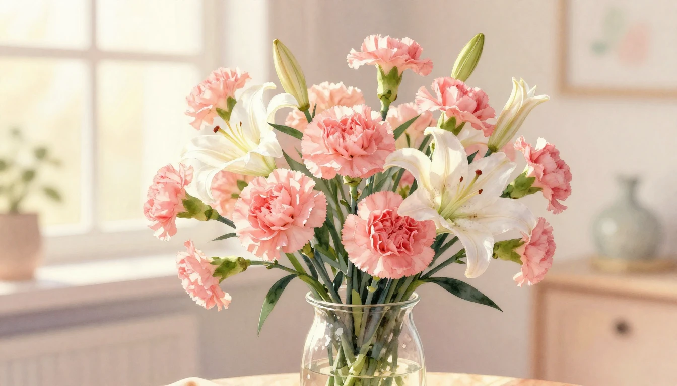 A beautiful watercolor painting of a lush bouquet of soft pi...