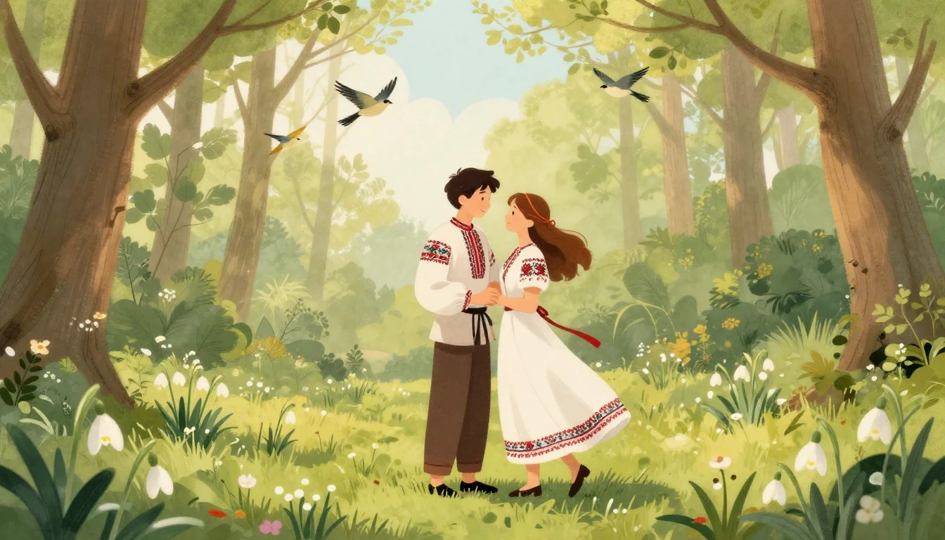 A romantic illustration of a young couple standing in a sunl...