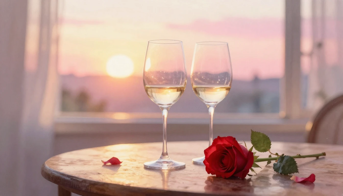 A delicate watercolor painting of two elegant wine glasses s...