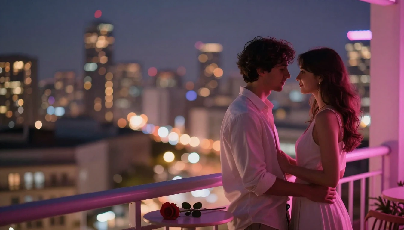 A romantic and intimate scene featuring a couple standing on...