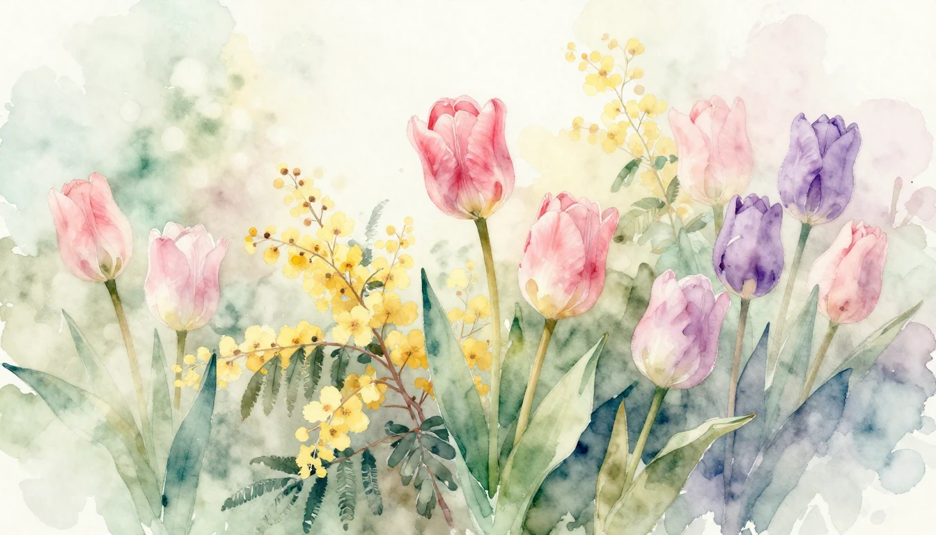 A delicate watercolor painting of a blooming spring garden. ...