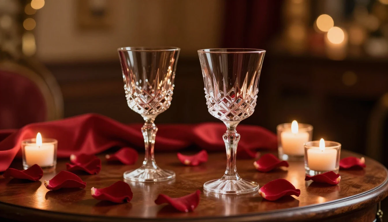 A close-up cinematic shot of two elegant crystal glasses on ...