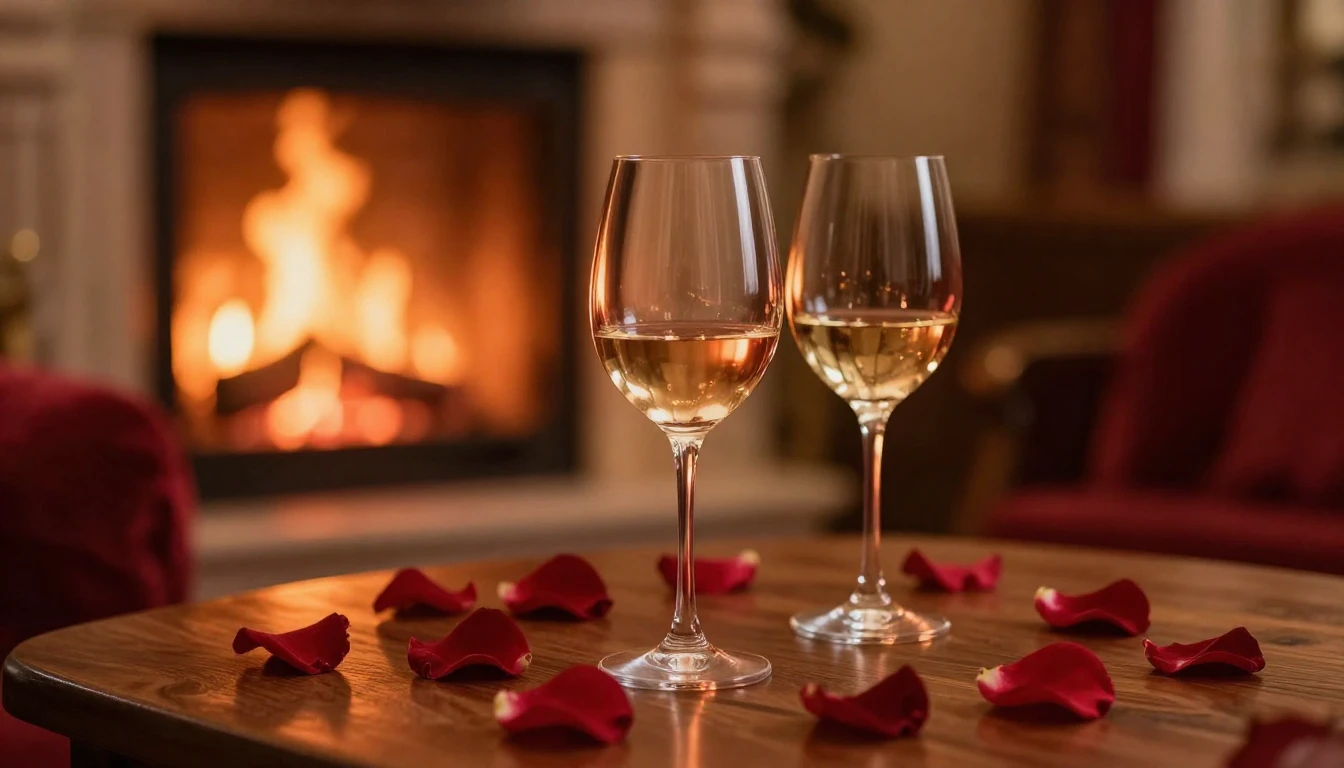 A romantic and dreamy scene featuring two elegant wine glass...