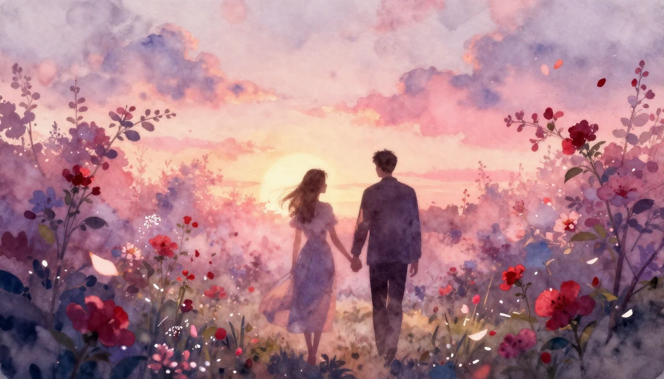 A beautiful watercolor painting of two silhouettes walking h...