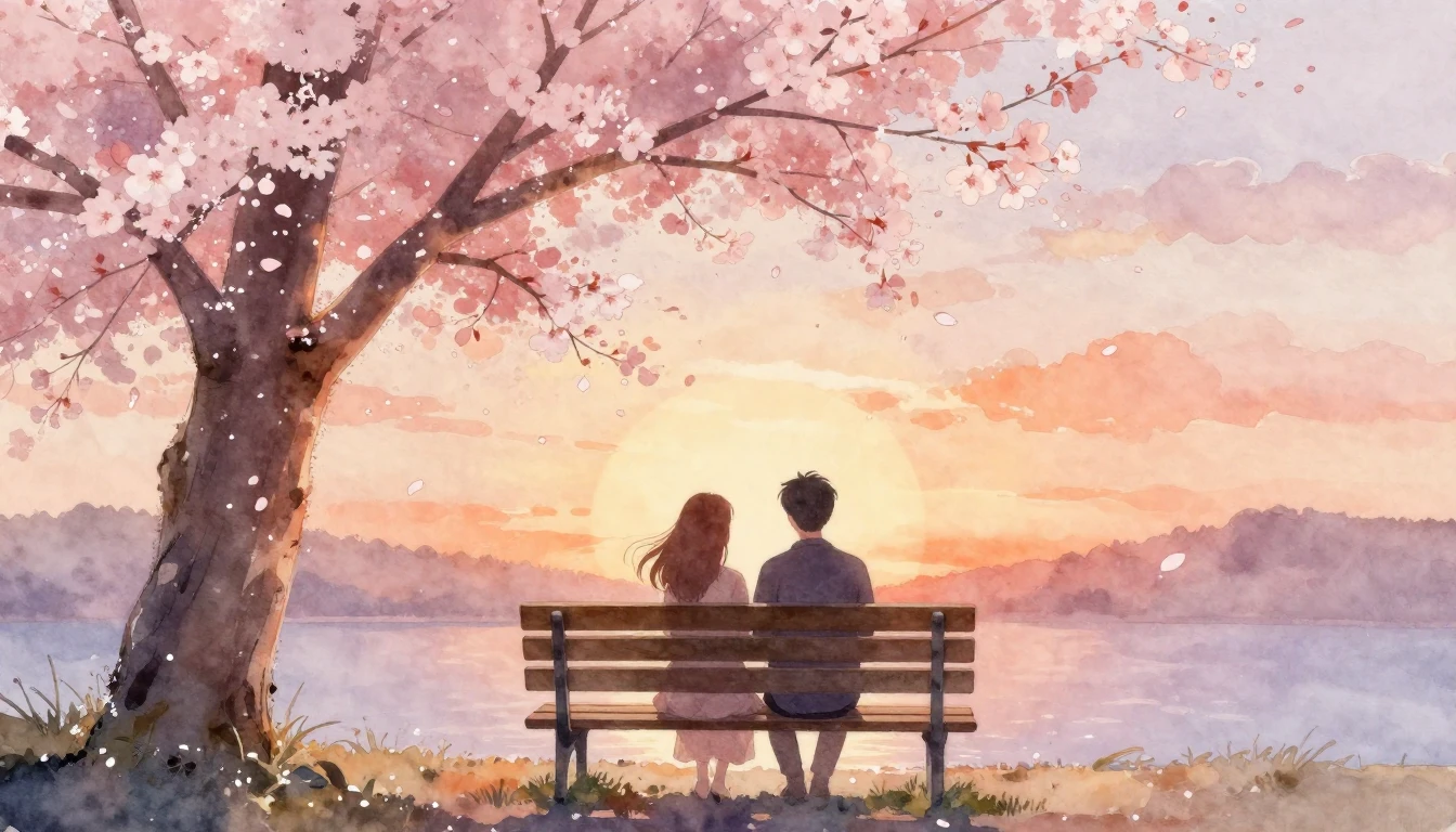 A soft and dreamy watercolor painting of two silhouettes sit...