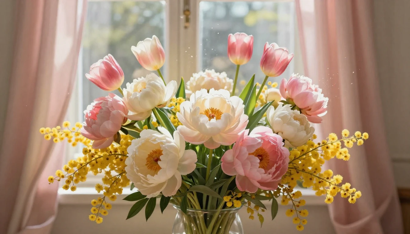 A breathtaking spring scene featuring a vibrant bouquet of b...