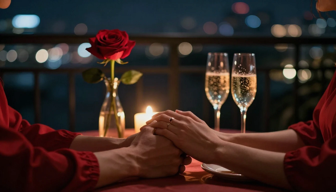 A romantic close-up scene of two hands holding each other ge...