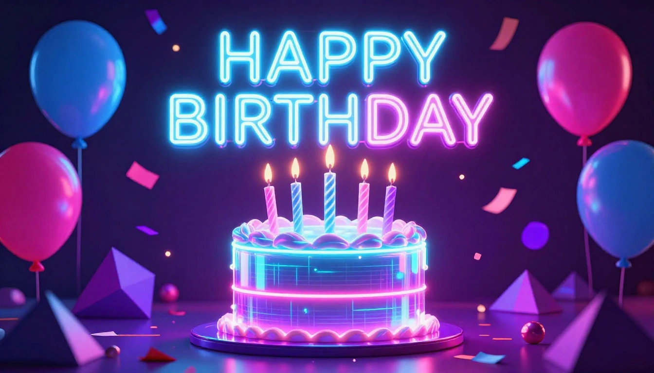 A vibrant, neon-lit birthday scene centered around a glowing...