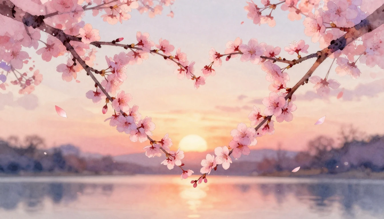 A delicate watercolor painting of two intertwined cherry blo...