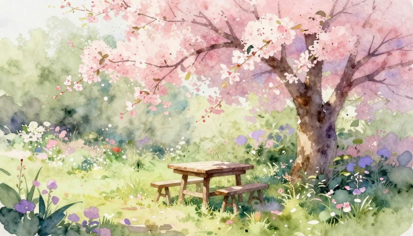 A beautiful watercolor painting of a lush garden in full spr...