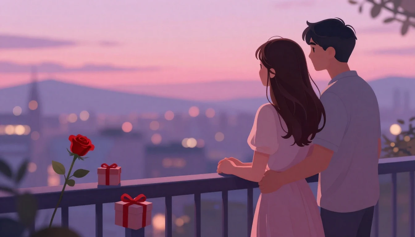 A romantic and warm digital art illustration depicting a lov...
