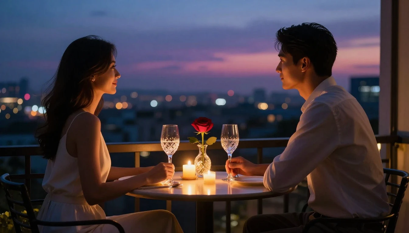 A breathtakingly romantic scene featuring a small table set ...