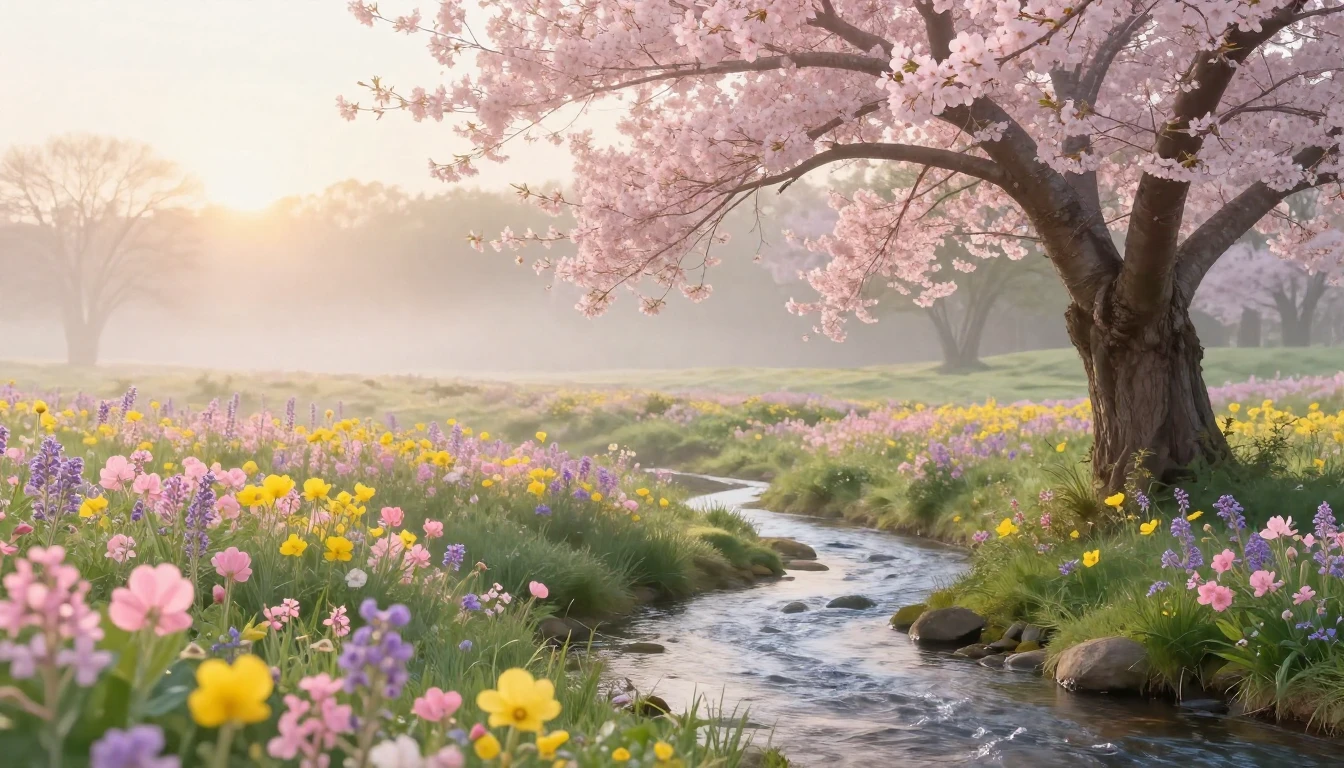 A serene landscape during early spring at sunrise. A meadow ...