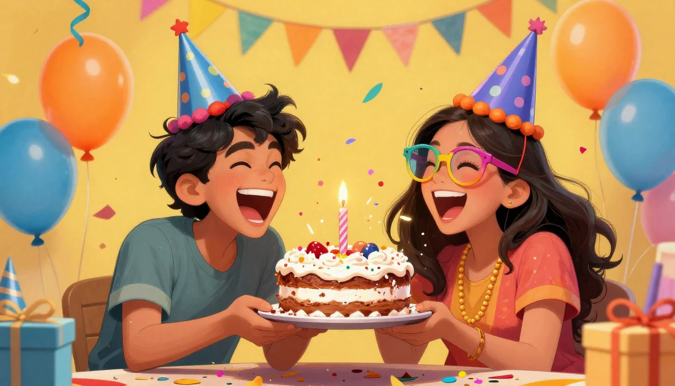 A vibrant and funny birthday party scene featuring two carto...