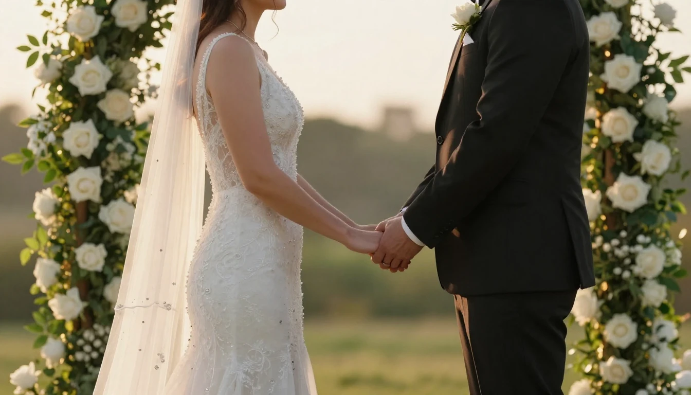 A romantic scene of a bride and groom holding hands at a bea...