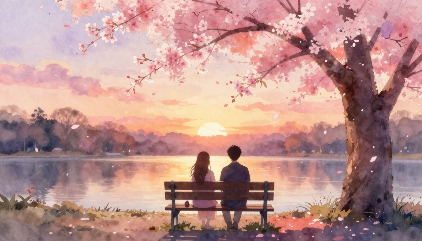 A soft watercolor painting of two silhouettes sitting on a p...